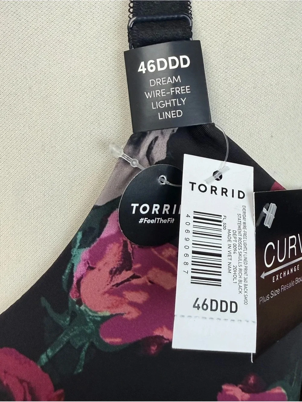 Torrid Black Floral Skull Wire Free Bra - New! - Size 46DDD